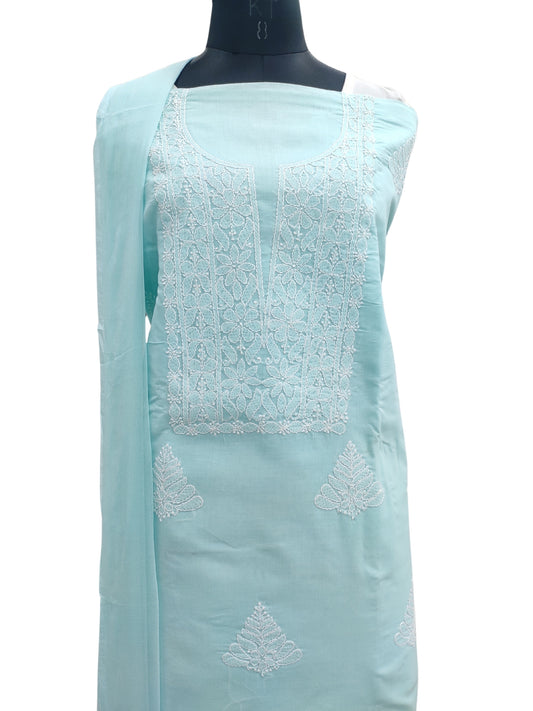 Shyamal Chikan Hand Embroidered Blue Cotton Lucknowi Chikankari Unstitched Suit Piece - S24755