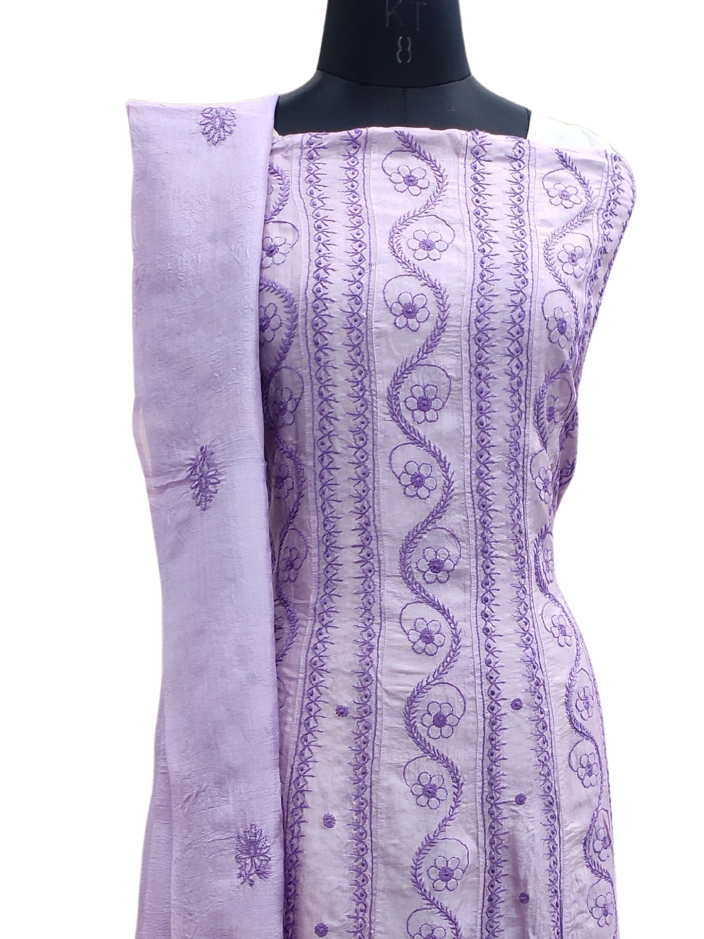 Shyamal Chikan Hand Embroidered Lavender Pure Tusser Silk Lucknowi Chikankari Semi-Stitched Anarkali - S22012