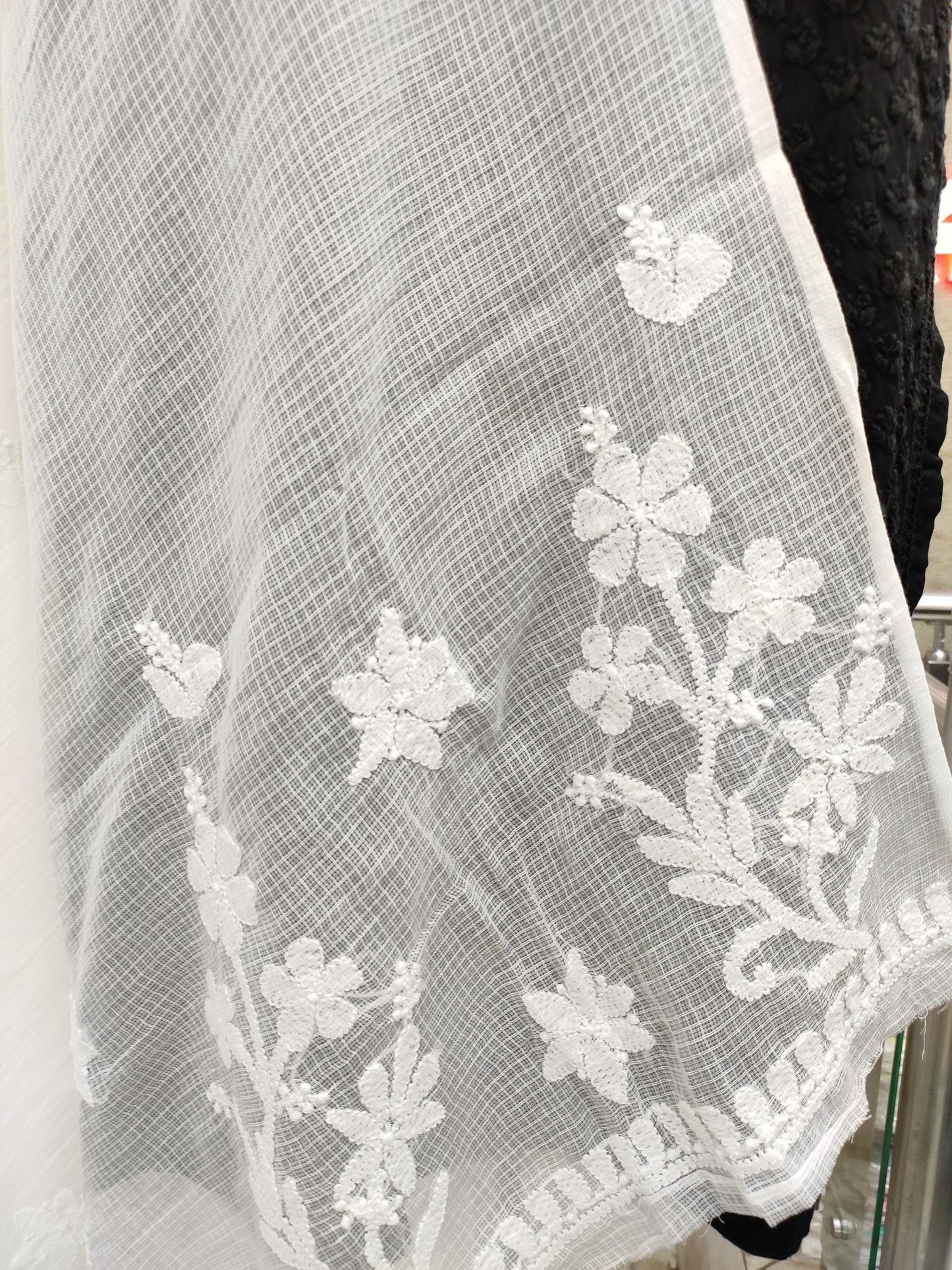 Shyamal Chikan Hand Embroidered White Kota Cotton Lucknowi Chikankari Dupatta - S20078