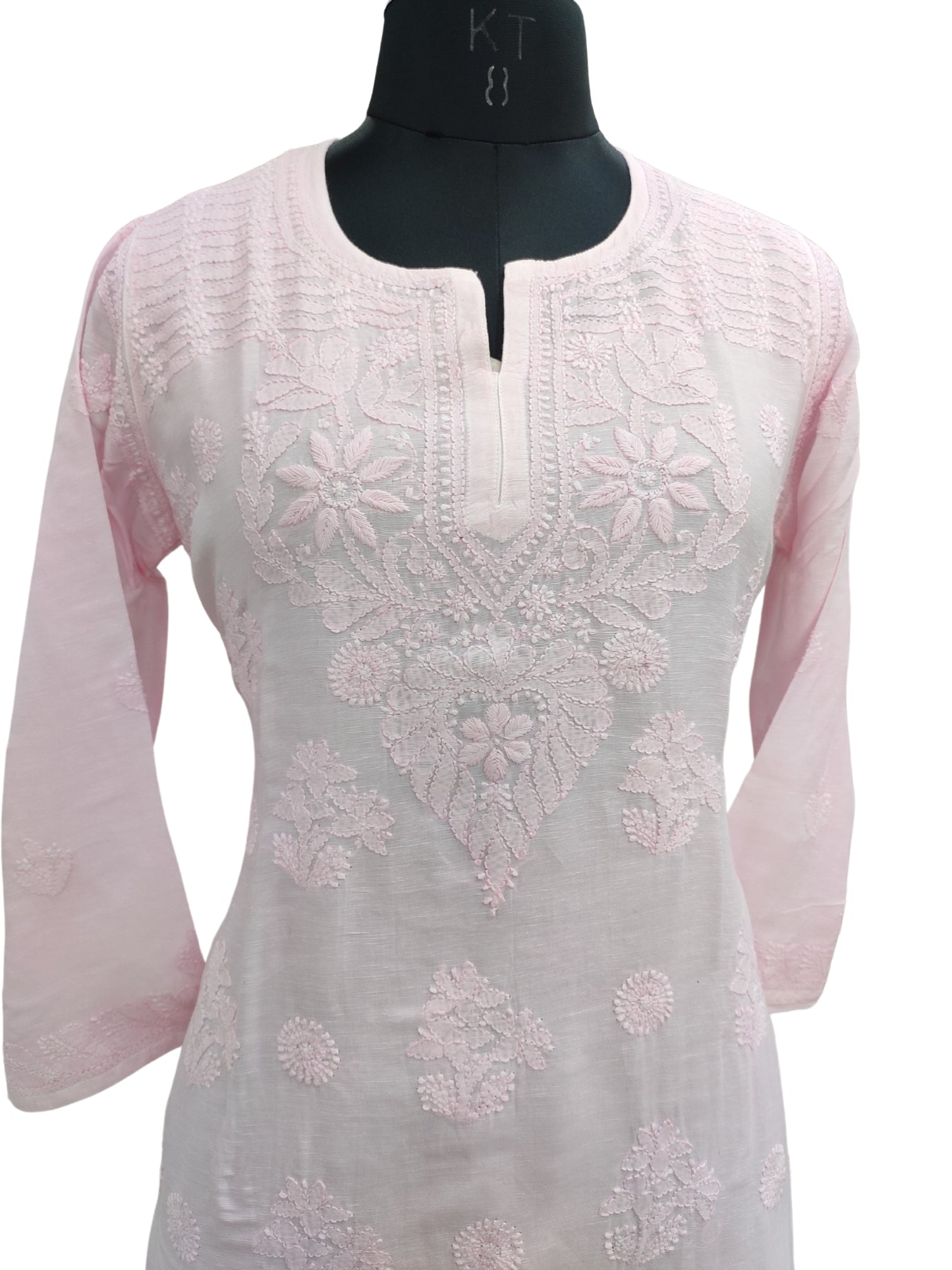 Shyamal Chikan Hand Embroidered Pink Lenin Lucknowi Chikankari Short Top - S25486