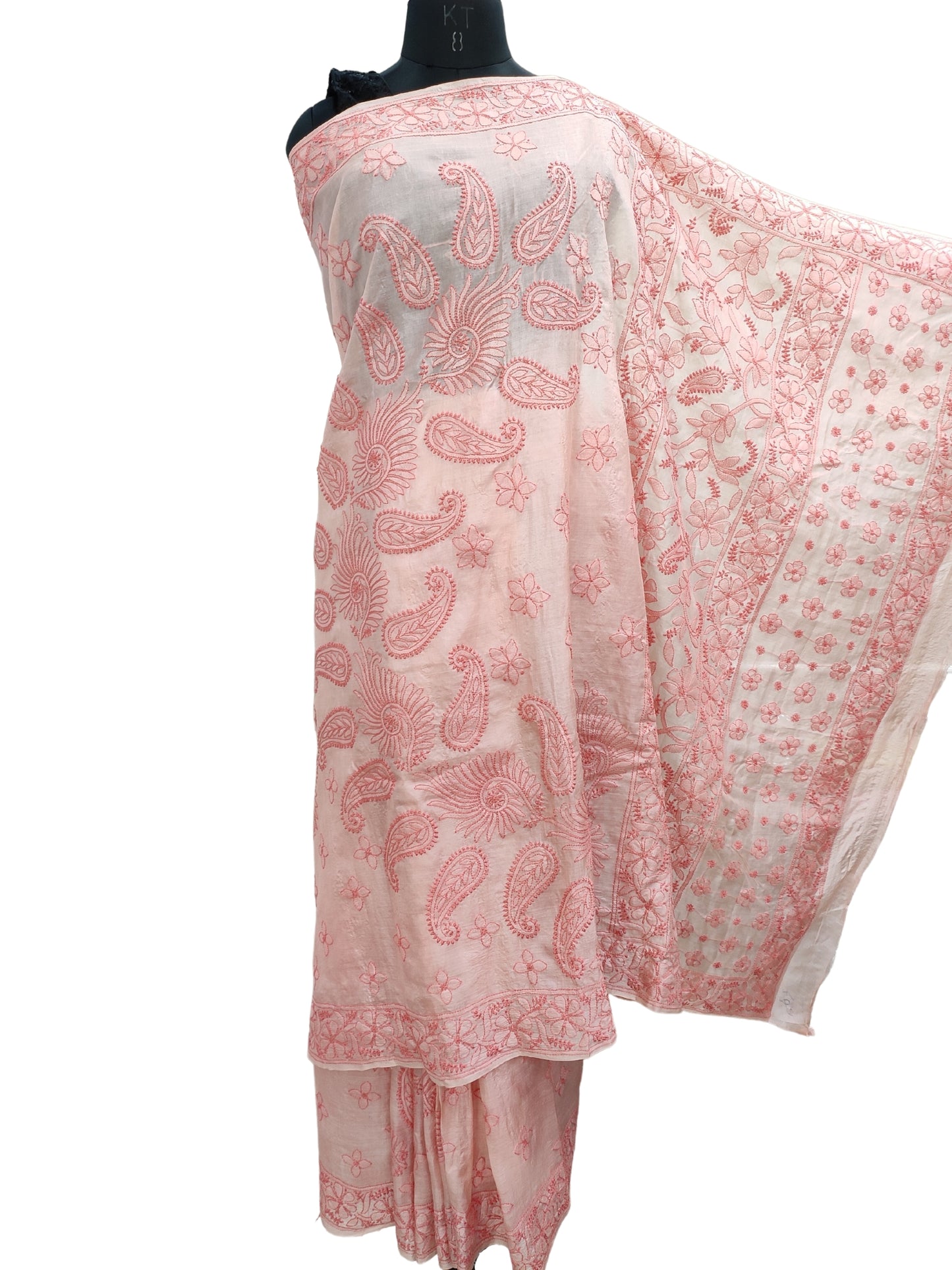 Shyamal Chikan Hand Embroidered Peach Pure Tusser Silk Lucknowi Chikankari Saree With Blouse Piece- S20720