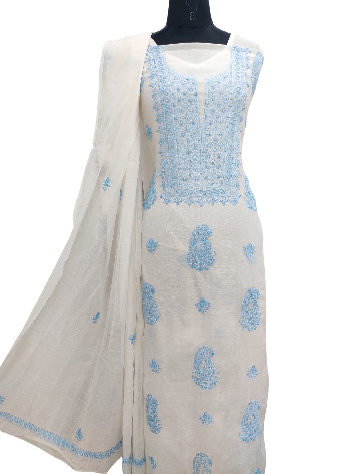 Shyamal Chikan Hand Embroidered White Mul Chanderi Lucknowi Chikankari Unstitched Suit Piece (Kurta Dupatta Set) - 23680