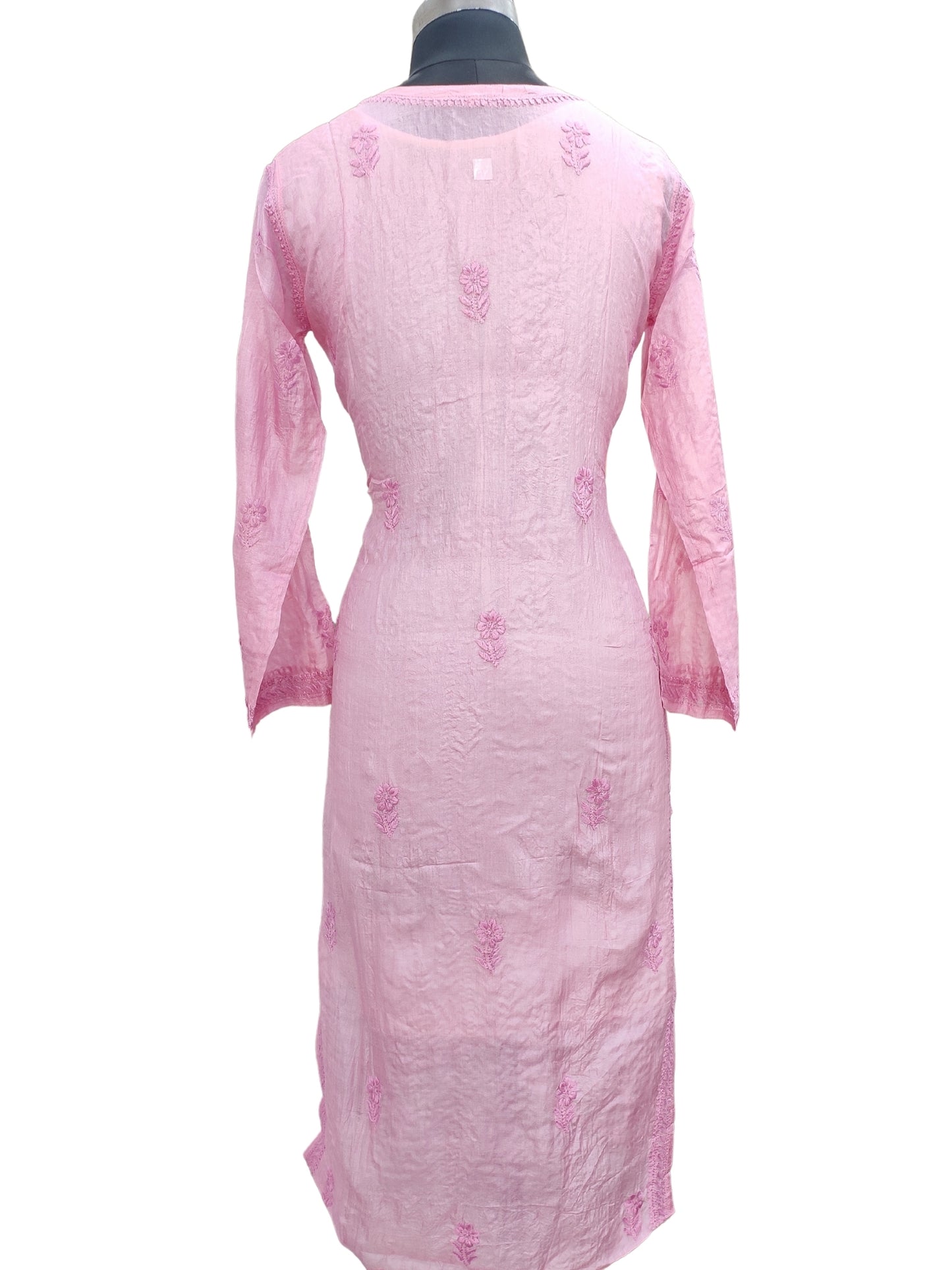 Shyamal Chikan Hand Embroidered Pink Pure Tusser Silk Lucknowi Chikankari Kurti- S24408