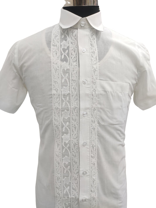 Shyamal Chikan Hand Embroidered White Cotton Lucknowi Chikankari Men's Shirt With Daraz Work – S26831