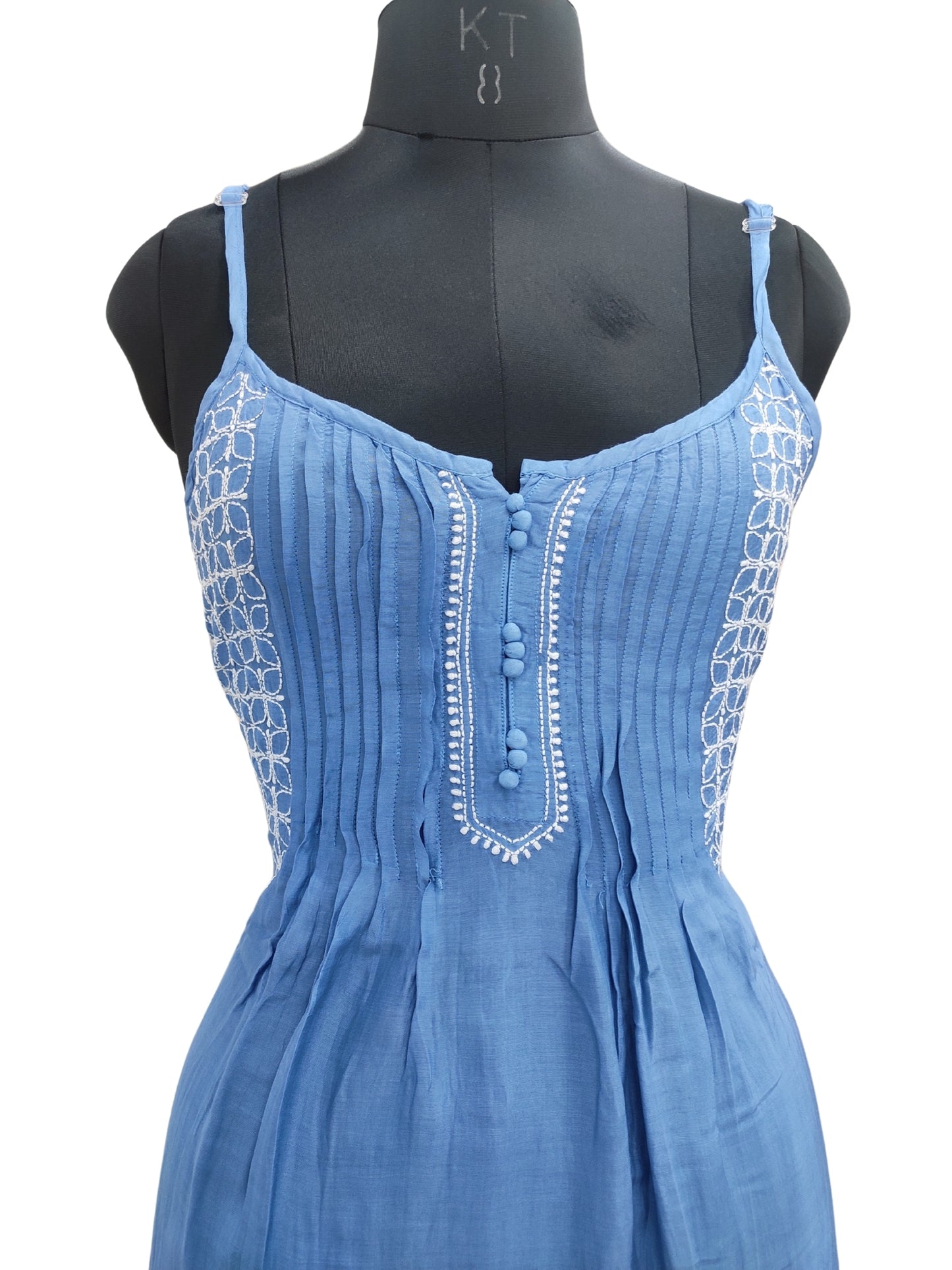 Shyamal Chikan Hand Embroidered Blue Muslin Noodle Strap Lucknowi Chikankari Short Top - S25334