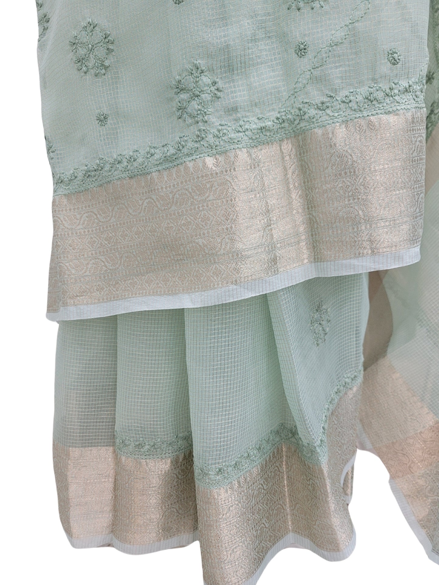 Shyamal Chikan Hand Embroidered Green Tissue Lenin Lucknowi Chikankari Saree With Blouse Piece - S24351