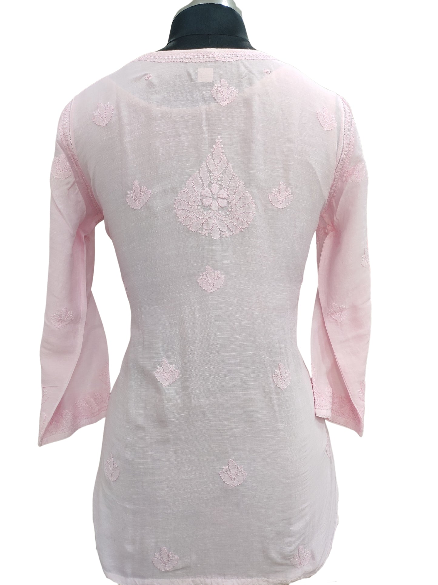 Shyamal Chikan Hand Embroidered Pink Lenin Lucknowi Chikankari Short Top - S25486