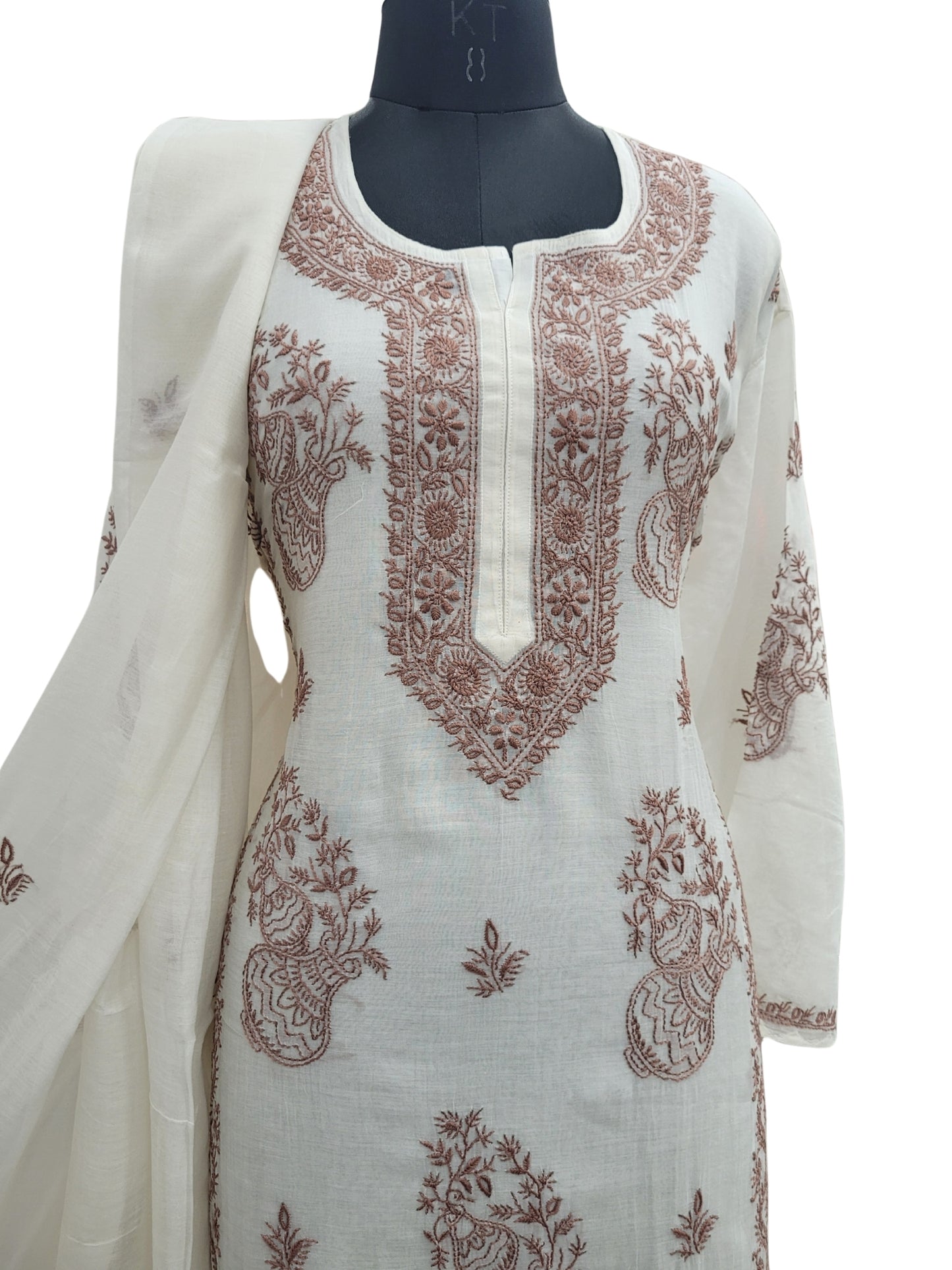 Shyamal Chikan Hand Embroidered White Mul Chanderi Lucknowi Chikankari semi stitched Suit Piece (Kurta Dupatta Set) - S25097