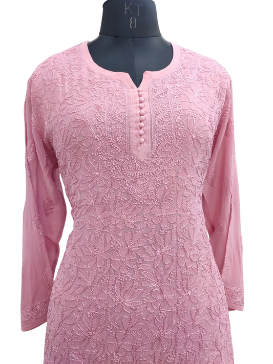 Shyamal Chikan Hand Embroidered Peach Viscose Georgette Lucknowi Chikankari Short Top 23570