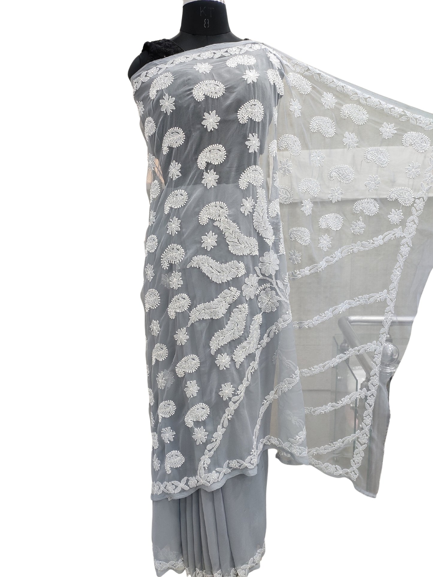 Shyamal Chikan Hand Embroidered Grey Georgette Lucknowi Chikankari Saree With Blouse Piece - S21924