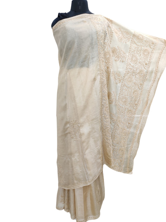 Shyamal Chikan Hand Embroidered Beige Tusser Silk Lucknowi Chikankari Saree With Blouse Piece- S22442
