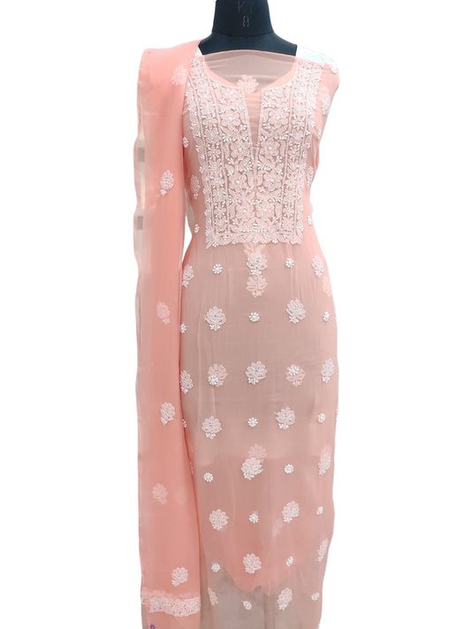 Shyamal Chikan Hand Embroidered Peach Georgette Lucknowi Chikankari Unstitched Suit Piece - 24015