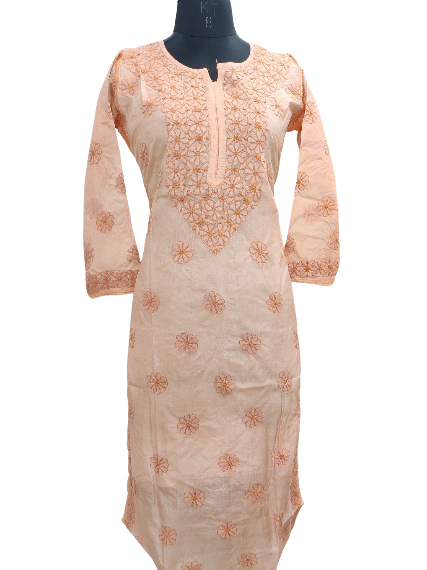 Shyamal Chikan Hand Embroidered Peach Pure Tusser Silk Lucknowi Chikankari Kurti- S24406