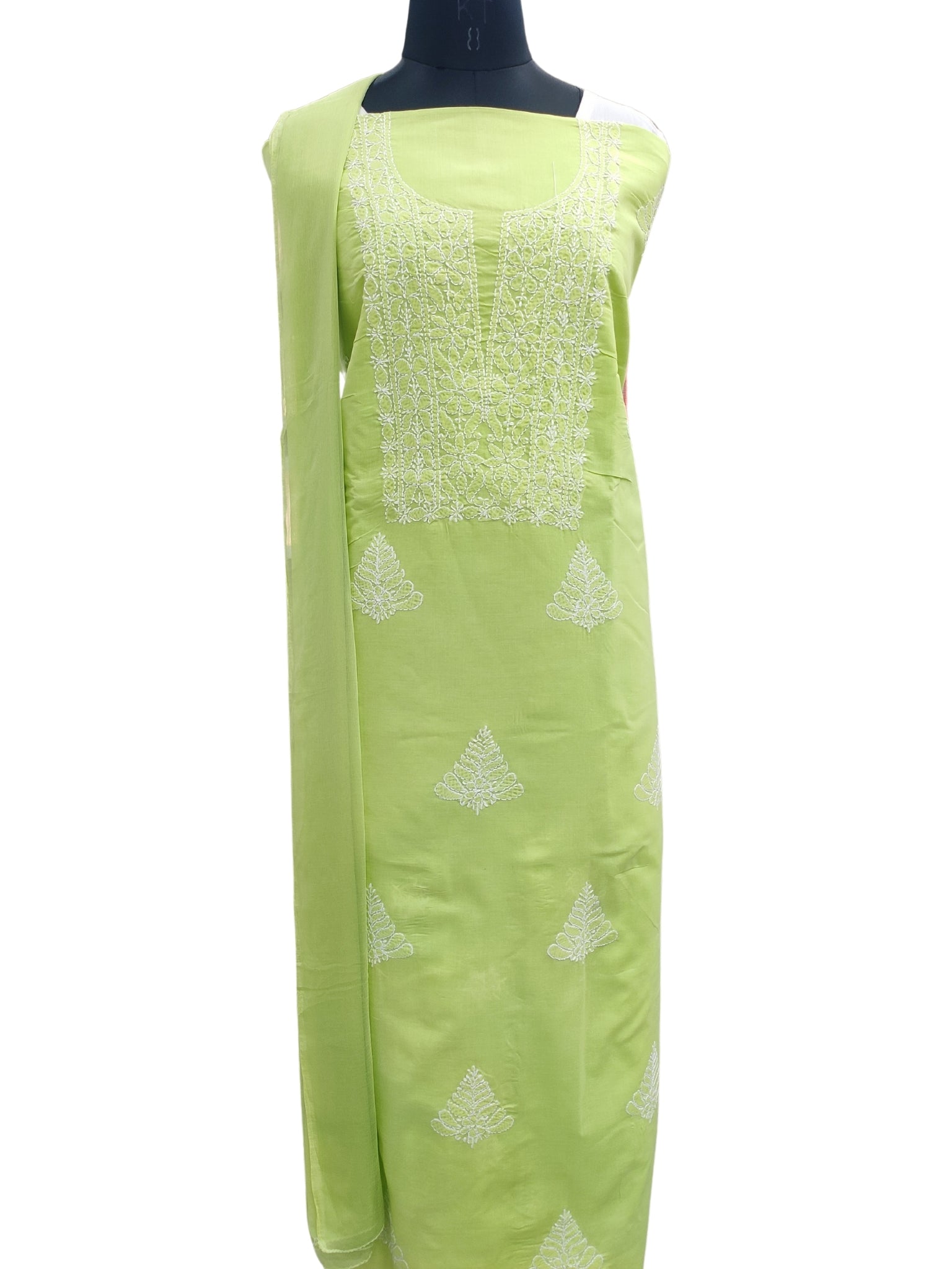 Shyamal Chikan Hand Embroidered Green Cotton Lucknowi Chikankari Unstitched Suit Piece - S24833