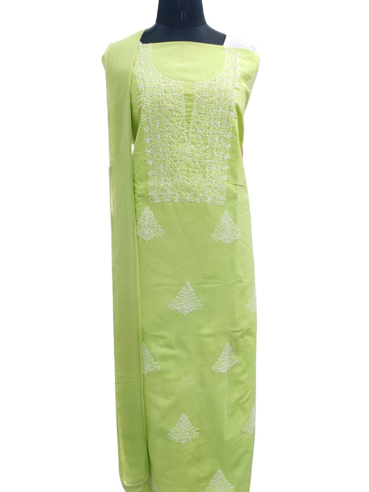 Shyamal Chikan Hand Embroidered Green Cotton Lucknowi Chikankari Unstitched Suit Piece - S24833