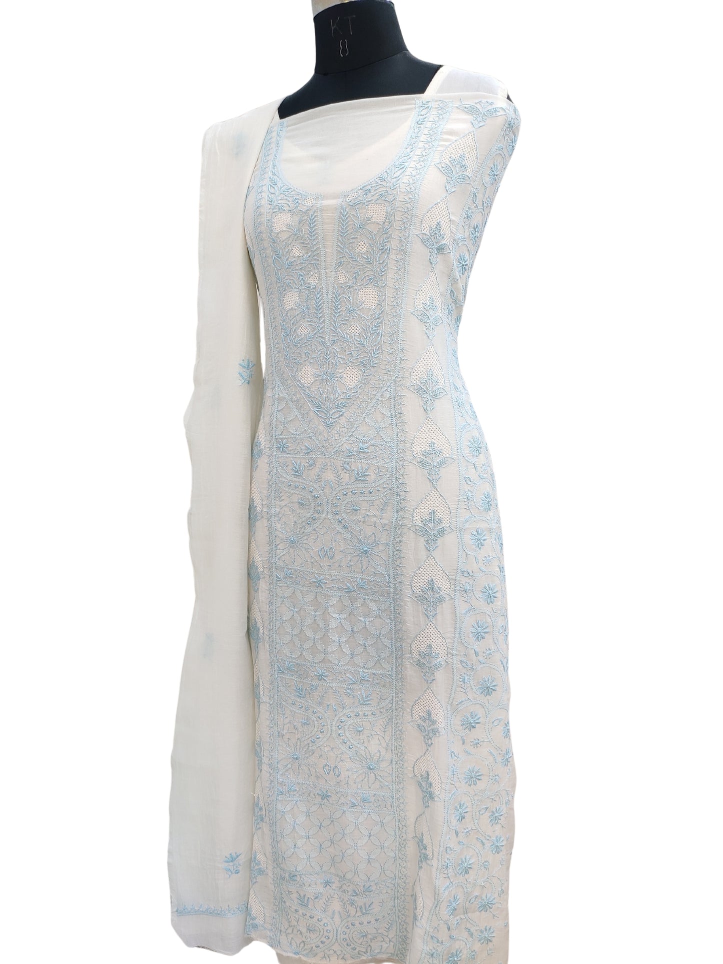 Shyamal Chikan Hand Embroidered White Mul Chanderi Lucknowi Chikankari Unstitched Suit Piece (Kurta Dupatta Set) - S24336