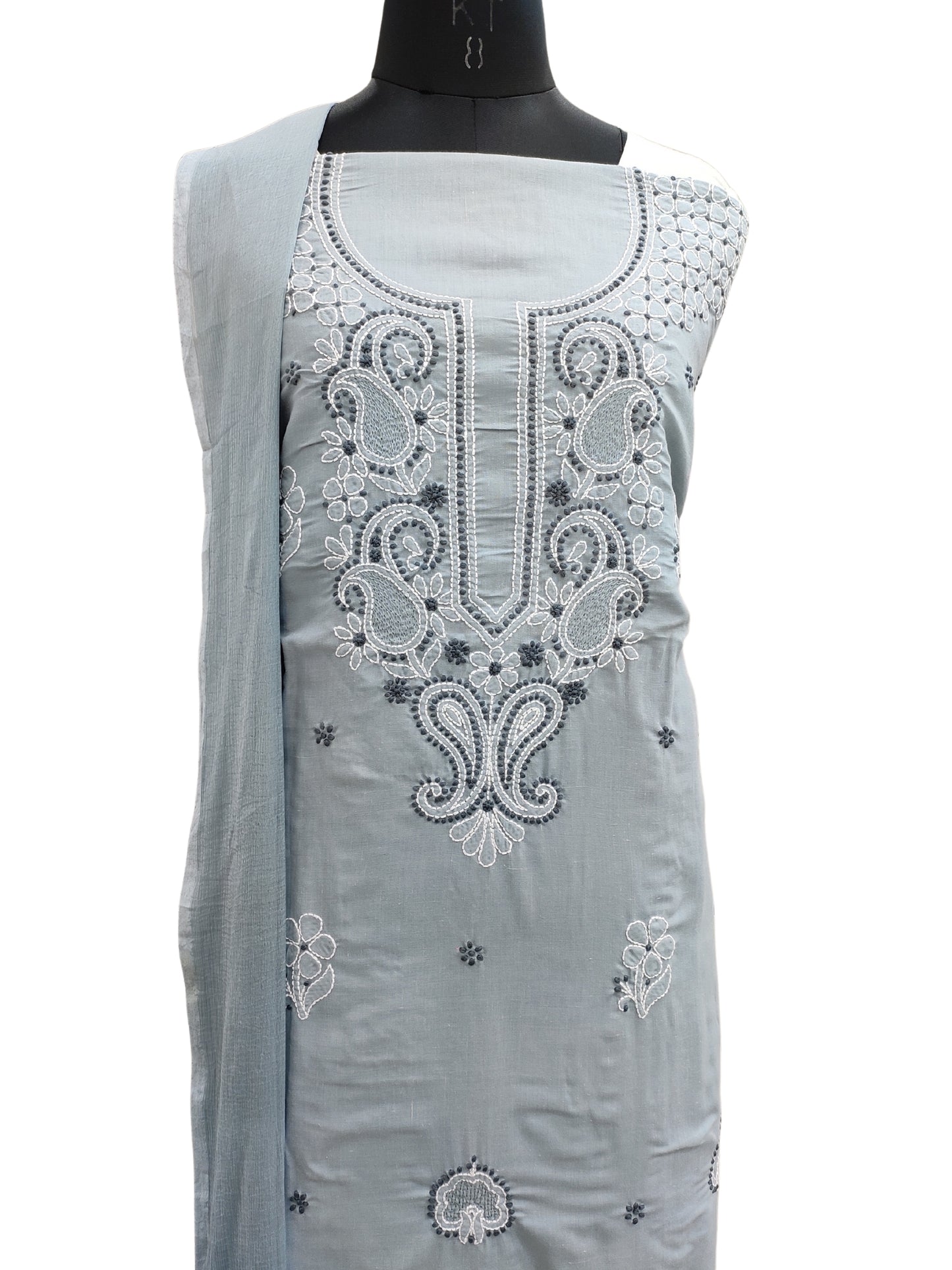 Shyamal Chikan Hand Embroidered Grey Cotton Lucknowi Chikankari Unstitched Suit Piece With Jaali Work - S25417