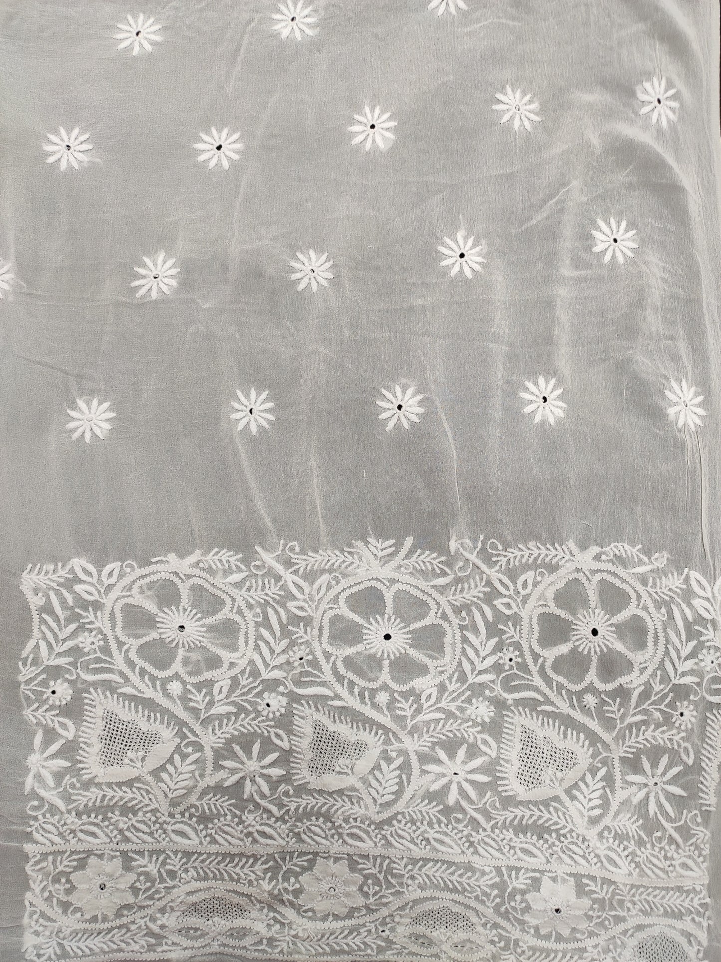 Shyamal Chikan Hand Embroidered White Pure Georgette Lucknowi Chikankari Saree With Blouse Piece  - S21025