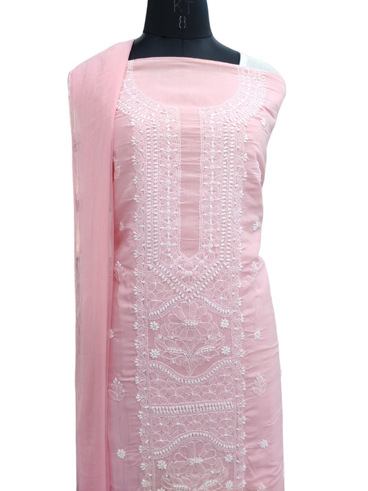 Shyamal Chikan Hand Embroidered Peach Cotton Lucknowi Chikankari Unstitched Suit Piece - S25295