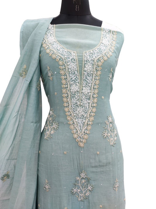 Shyamal Chikan Hand Embroidered Green Mul Chanderi Lucknowi Chikankari Unstitched Suit Piece with Cutdana & Sequin Work (Kurta Dupatta Set) - S24428