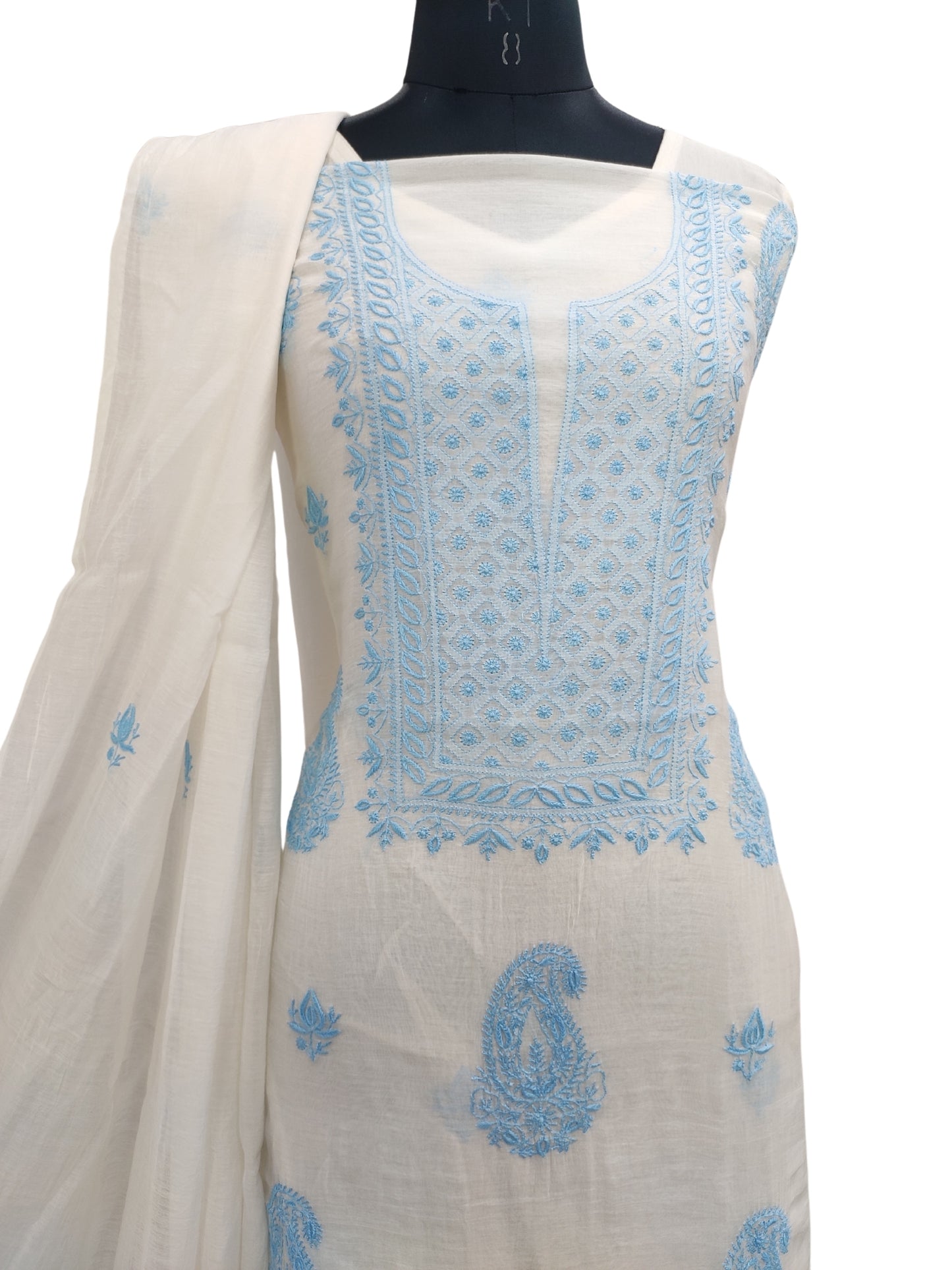 Shyamal Chikan Hand Embroidered White Mul Chanderi Lucknowi Chikankari Unstitched Suit Piece (Kurta Dupatta Set) - 23680