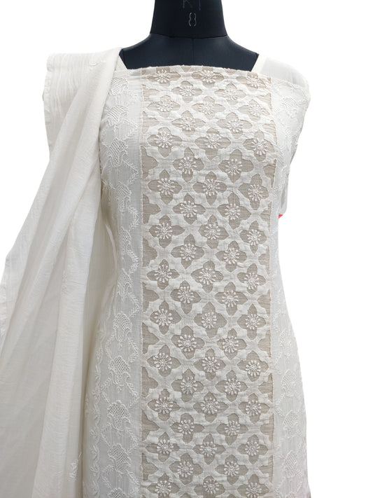 Shyamal Chikan Hand Embroidered White Mul Chanderi Lucknowi Chikankari Unstitched Suit Piece With Daraz and Jaali Work (Kurta Dupatta Set) - S22868