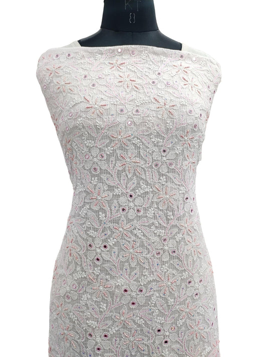 Shyamal Chikan Hand Embroidered Light Pink Kota Cotton Lucknowi Chikankari Unstitched Kurta Piece With Sequin and Pearl Work - S9715