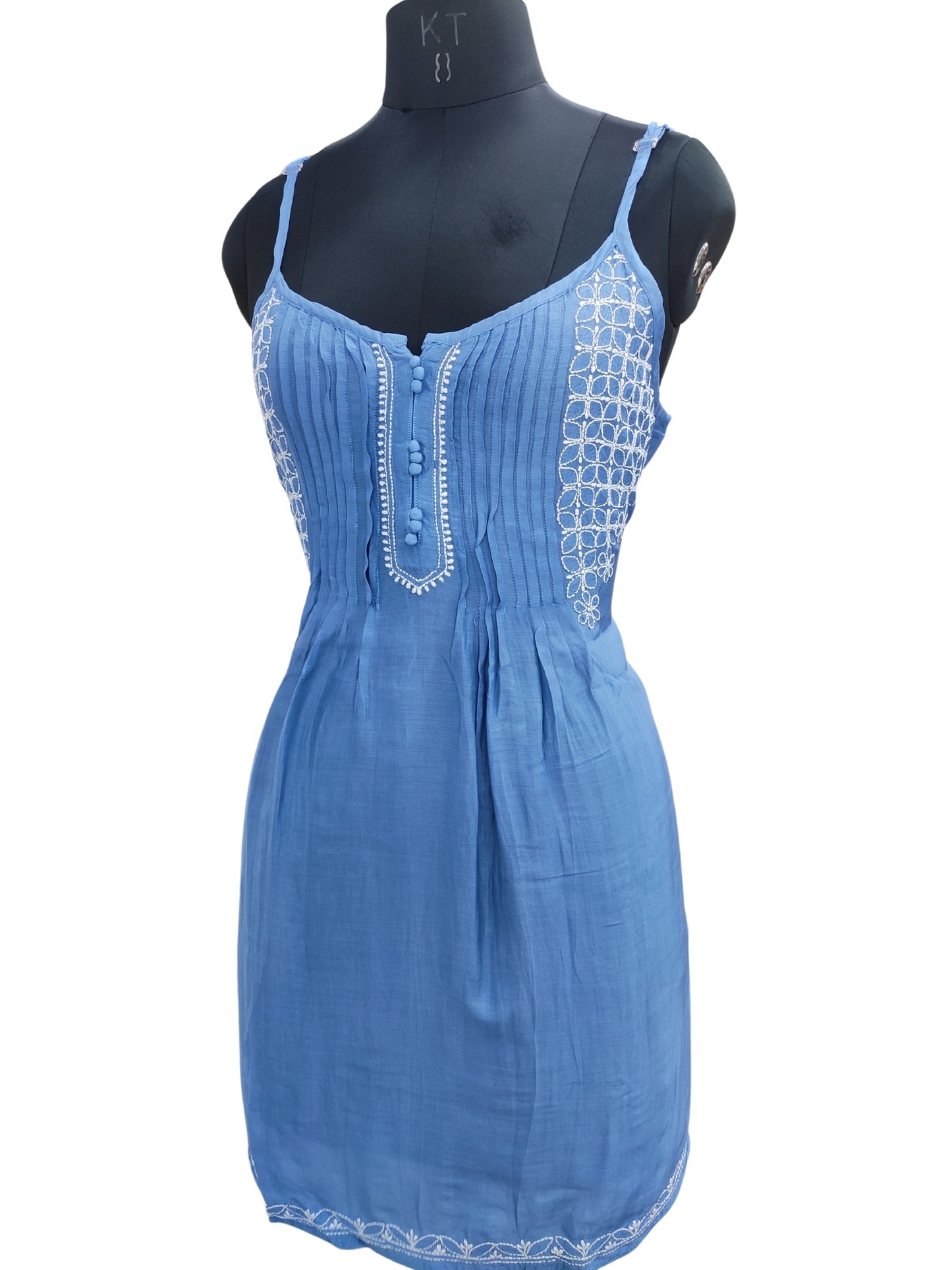 Shyamal Chikan Hand Embroidered Blue Muslin Noodle Strap Lucknowi Chikankari Short Top - S25334