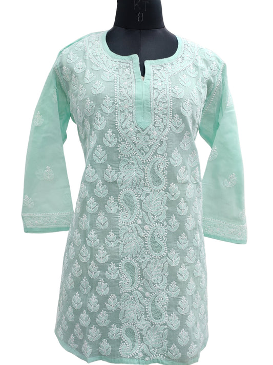 Shyamal Chikan Hand Embroidered Sea Green Cotton Lucknowi Chikankari Short Top With Jaali Work- S21762