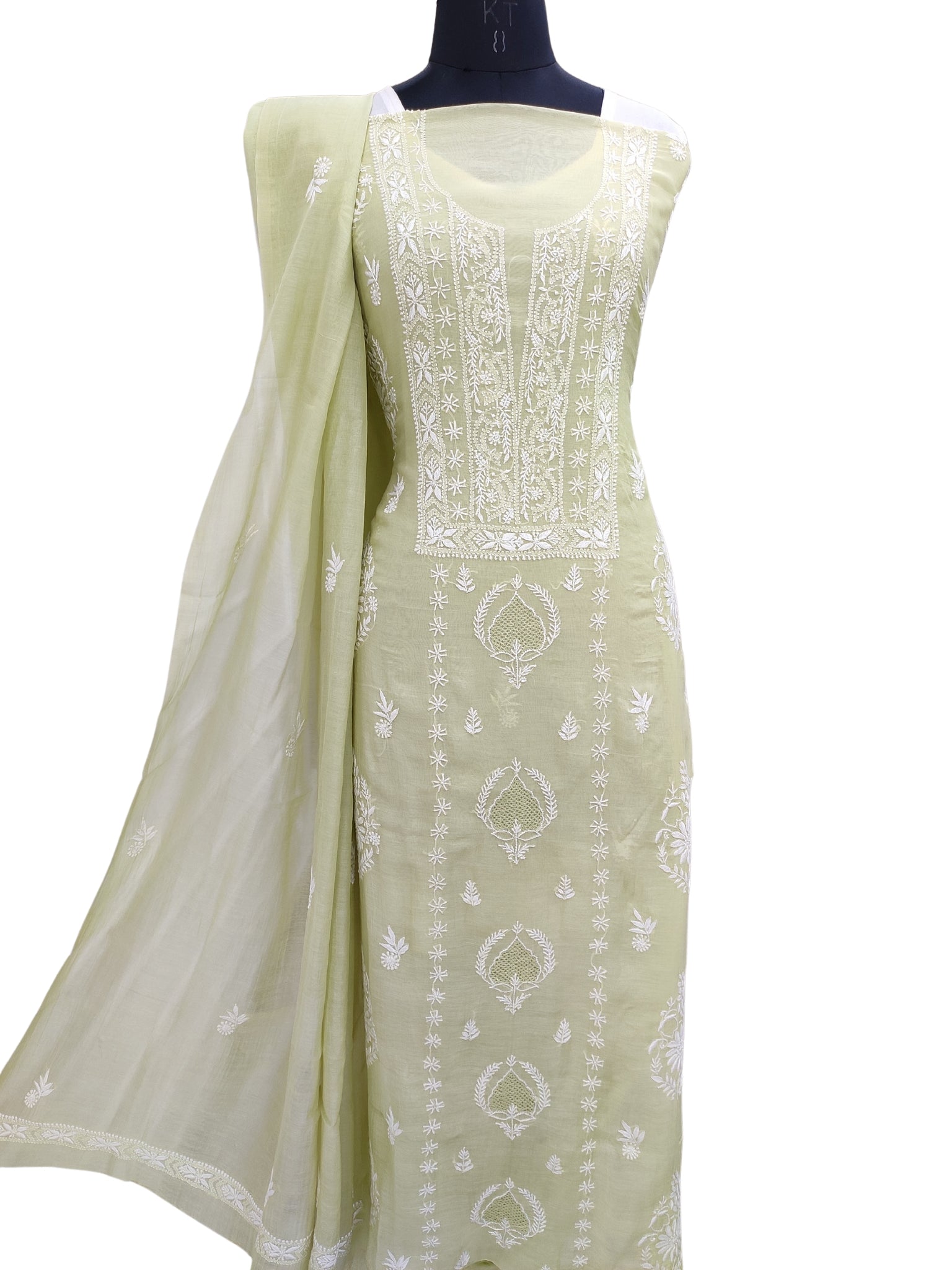 Shyamal Chikan Hand Embroidered Green Mul Chanderi Lucknowi Chikankari Unstitched Suit Piece with Jaali Work (Kurta Dupatta Set) - 22968