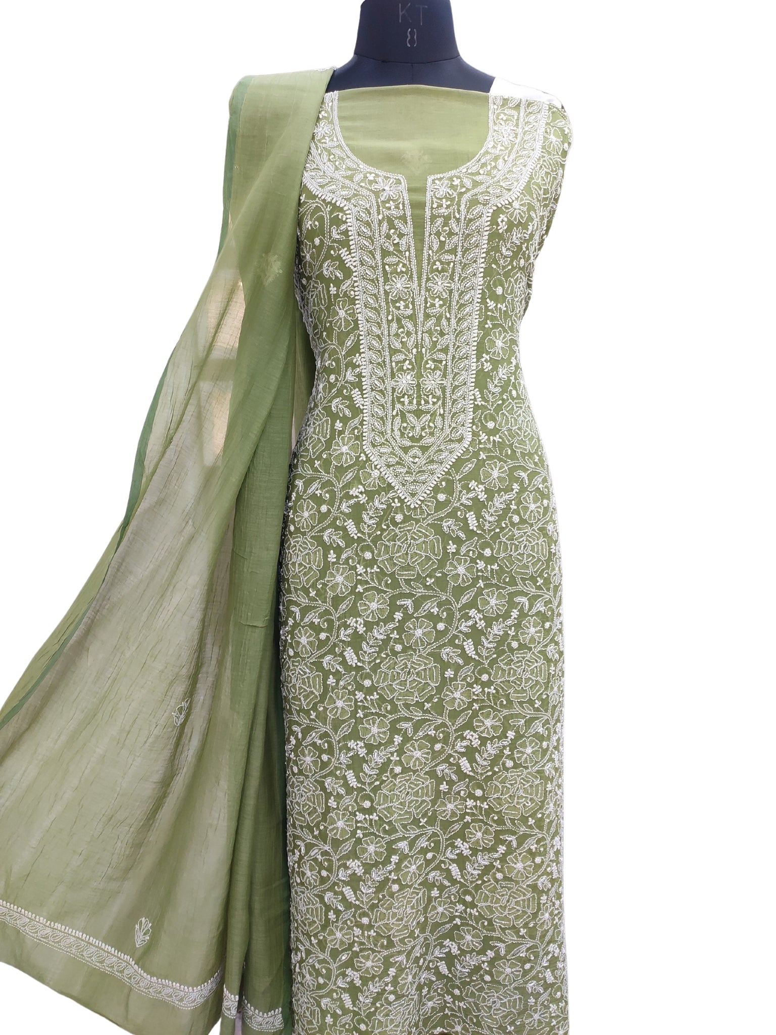 Shyamal Chikan Hand Embroidered Green Mul Chanderi Lucknowi Chikankari Unstitched Suit Piece with Cutdana & Sequin Work (Kurta Dupatta Set) - S24455