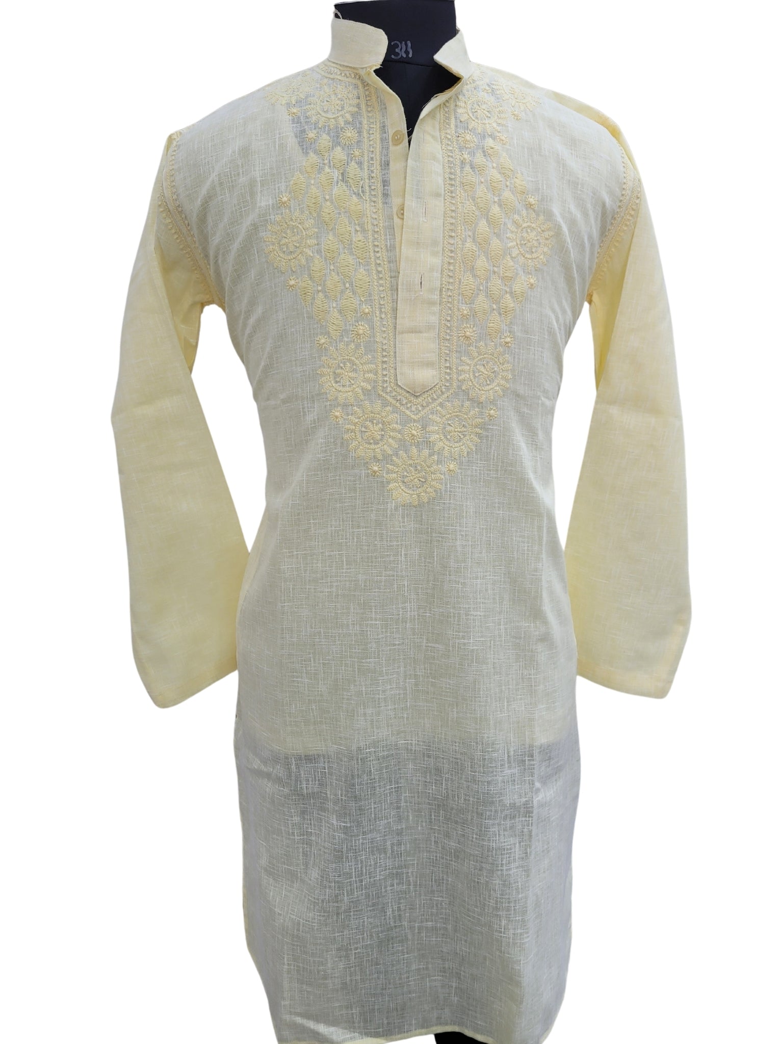 Shyamal Chikan Hand Embroidered Yellow Cotton Lucknowi Chikankari Men's Kurta - S25179