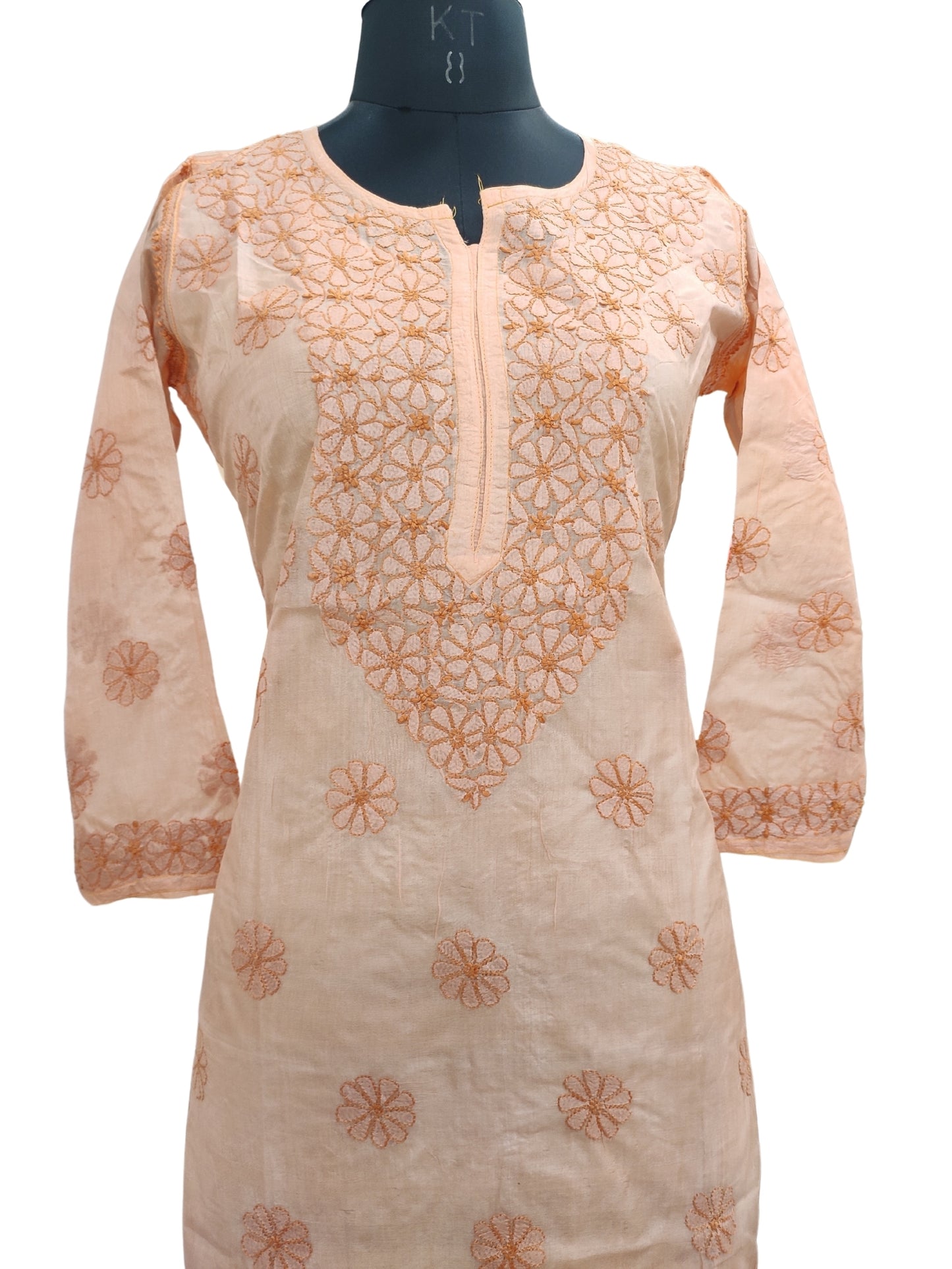 Shyamal Chikan Hand Embroidered Peach Pure Tusser Silk Lucknowi Chikankari Kurti- S24406