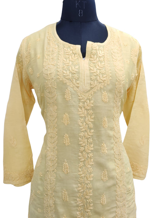 Shyamal Chikan Hand Embroidered Yellow Lenin Lucknowi Chikankari Short Top - S25467