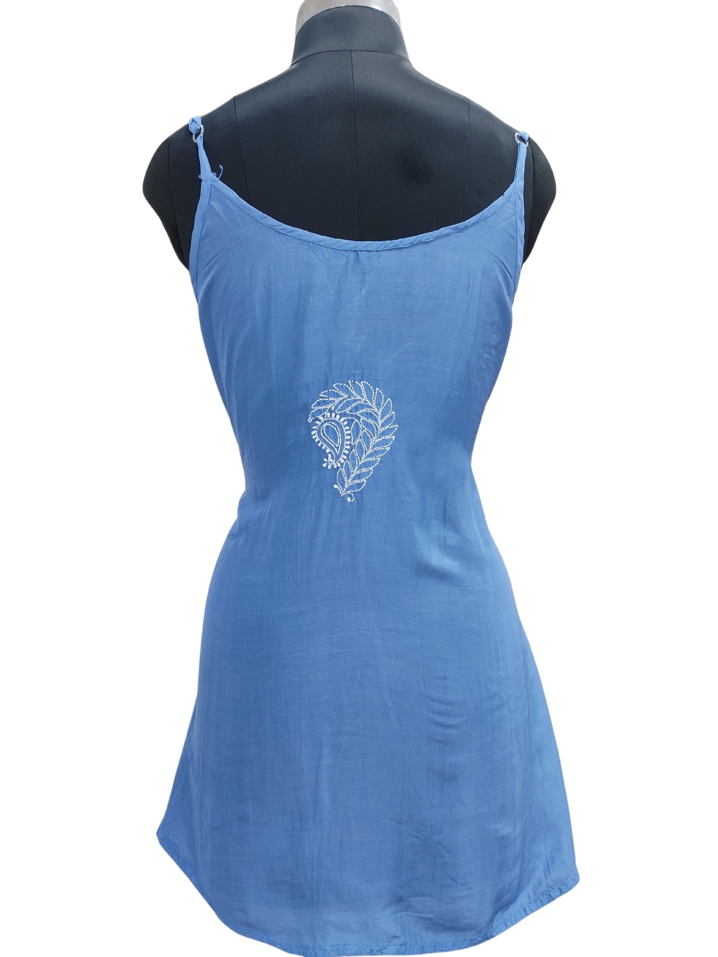 Shyamal Chikan Hand Embroidered Blue Muslin Noodle Strap Lucknowi Chikankari Short Top - S25334