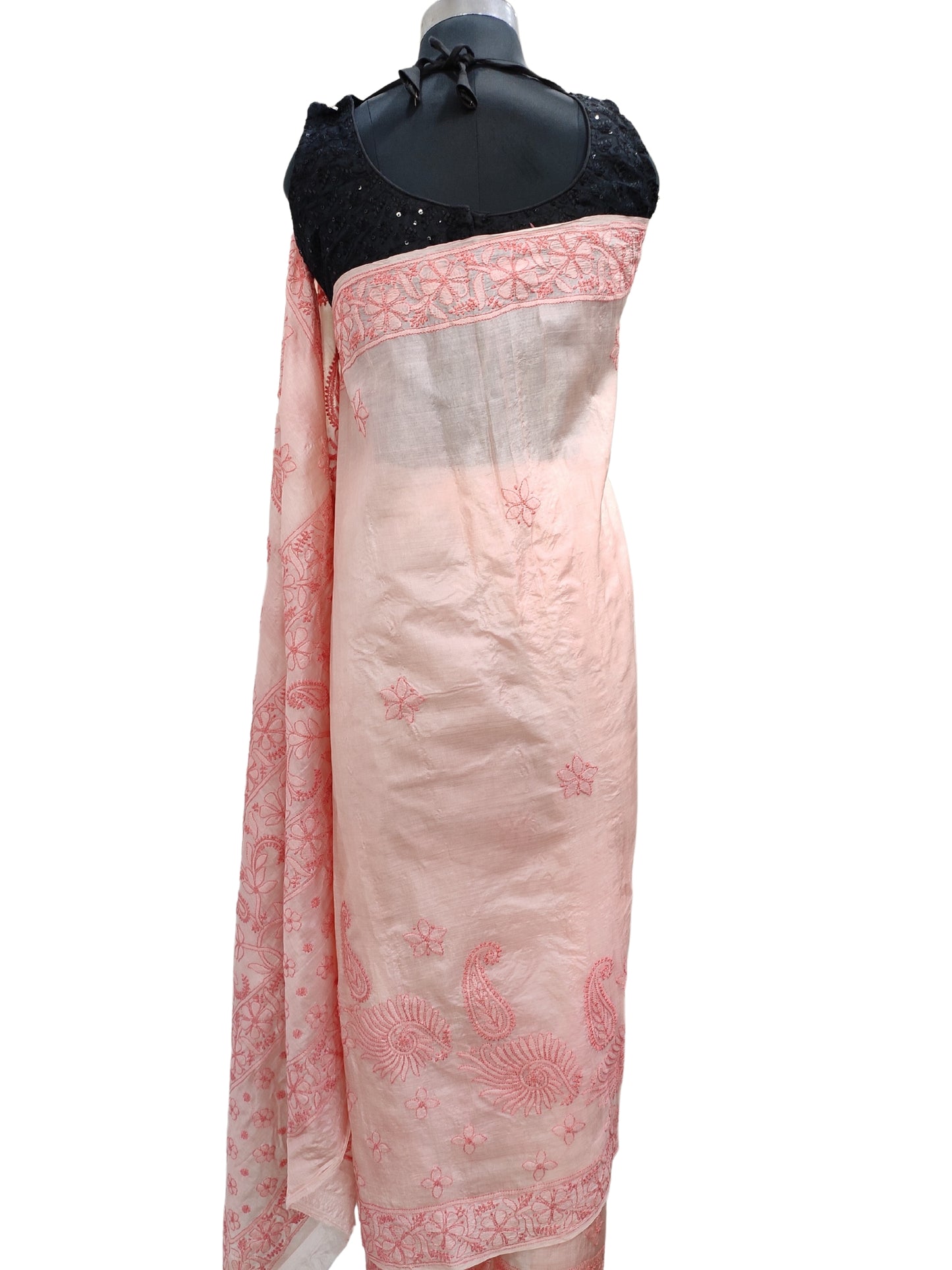 Shyamal Chikan Hand Embroidered Peach Pure Tusser Silk Lucknowi Chikankari Saree With Blouse Piece- S20720