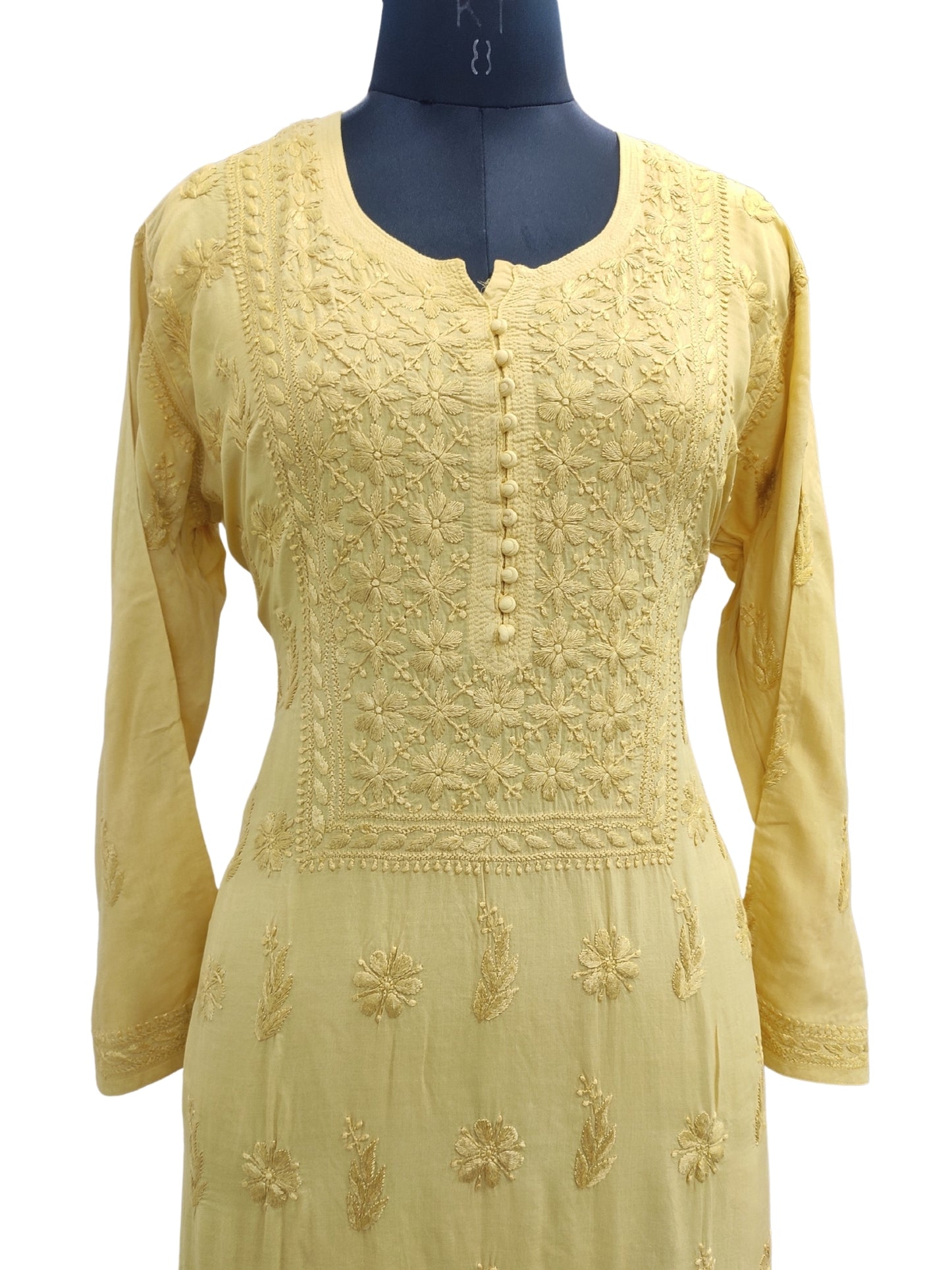 Shyamal Chikan Hand Embroidered Greenish Yellow Modal Cotton Lucknowi Chikankari Kurti - S22919