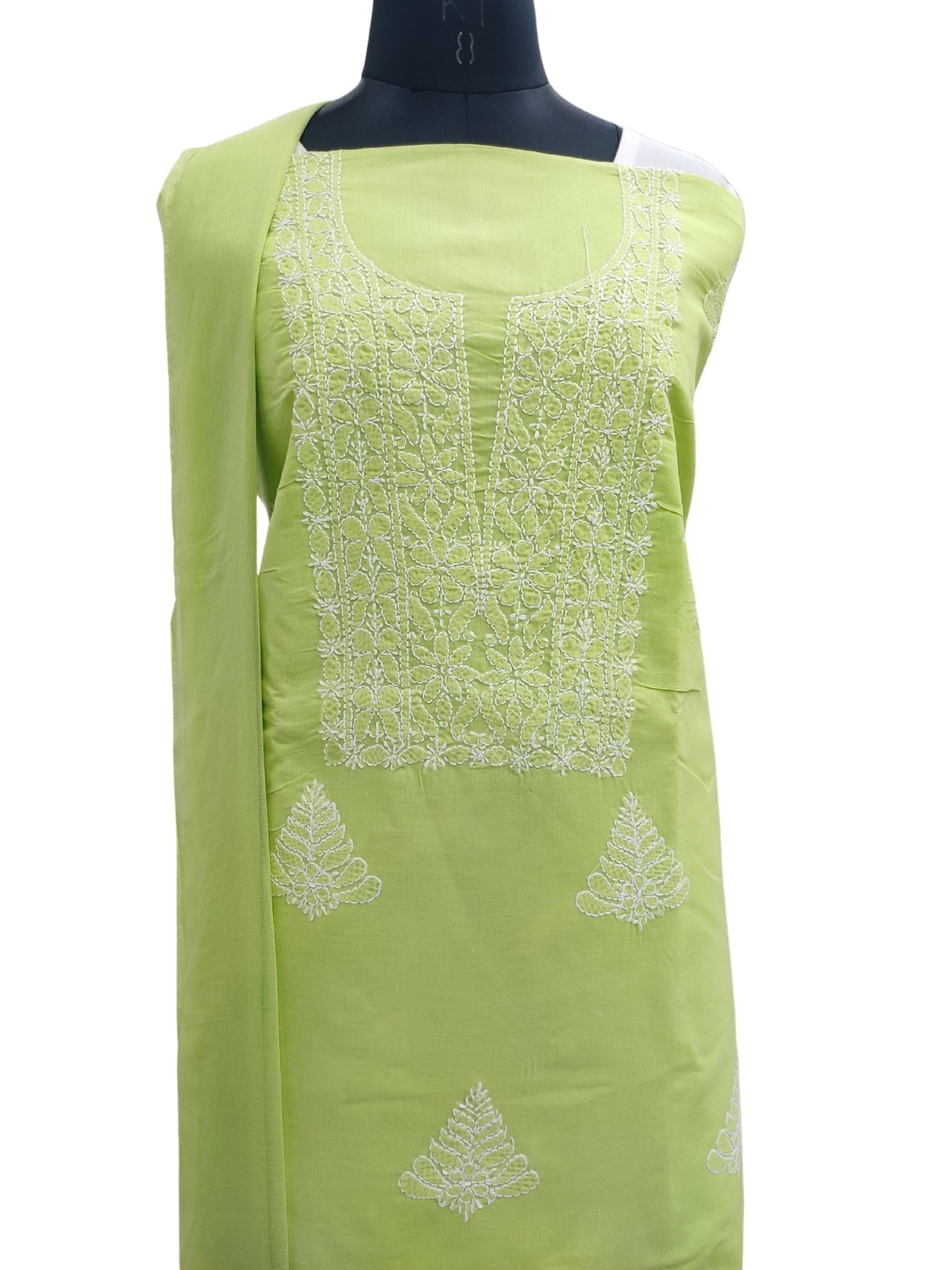 Shyamal Chikan Hand Embroidered Green Cotton Lucknowi Chikankari Unstitched Suit Piece - S24833