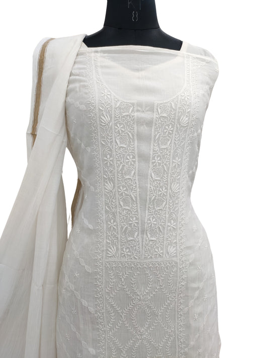 Shyamal Chikan Hand Embroidered White Mul Chanderi Lucknowi Chikankari semi stitched Suit Piece (Kurta Dupatta Set) - 23986