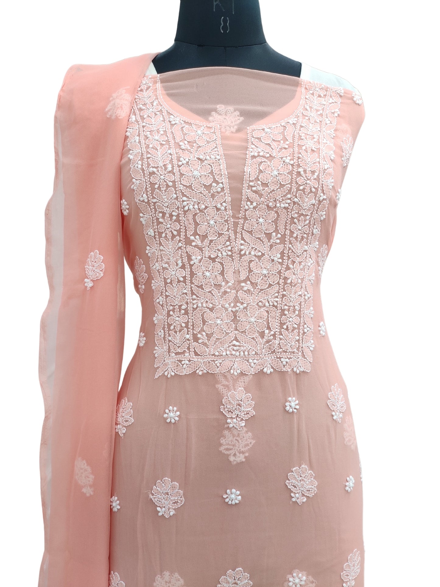 Shyamal Chikan Hand Embroidered Peach Georgette Lucknowi Chikankari Unstitched Suit Piece - 24015