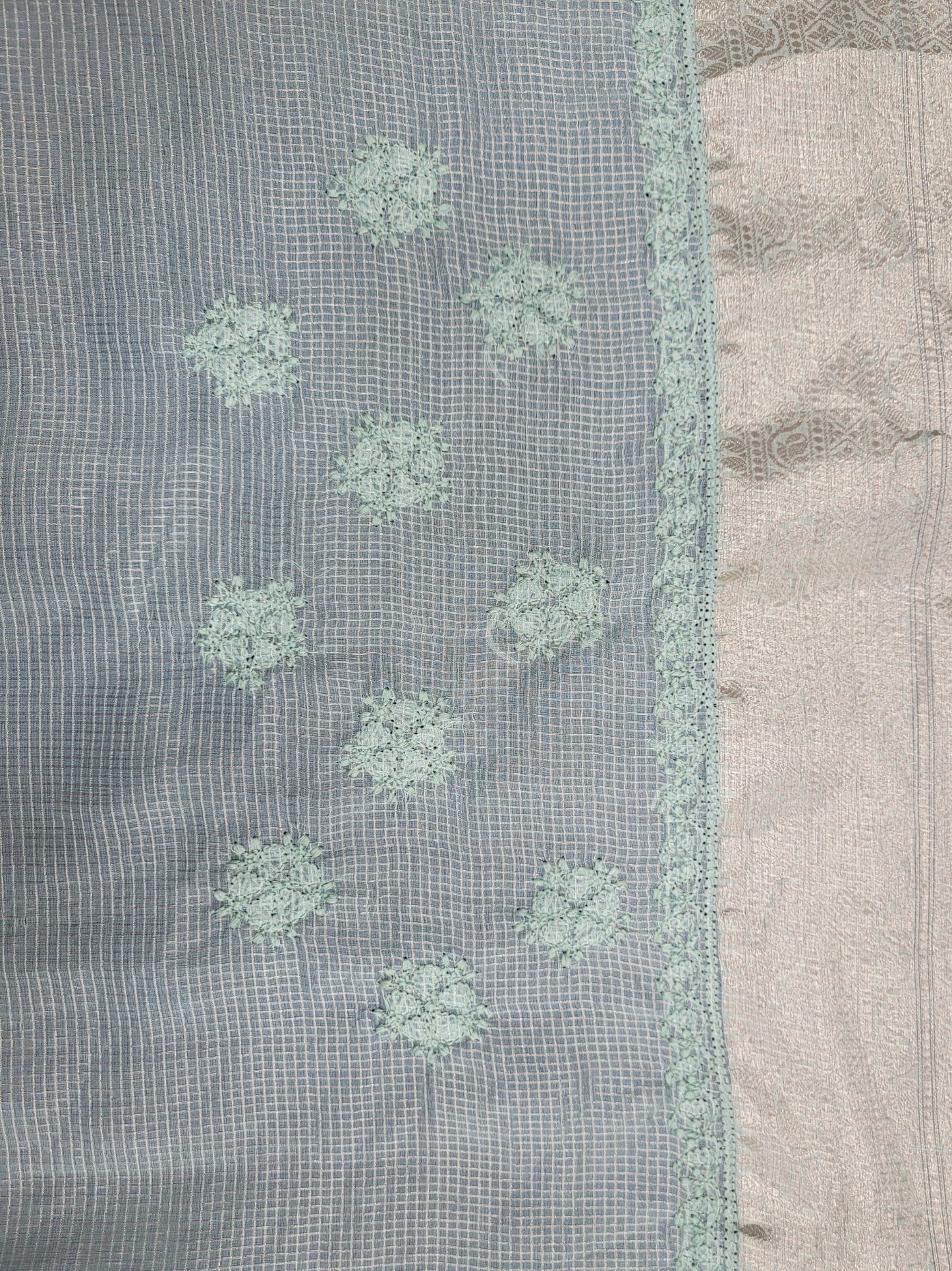 Shyamal Chikan Hand Embroidered Green Tissue Lenin Lucknowi Chikankari Saree With Blouse Piece - S24351