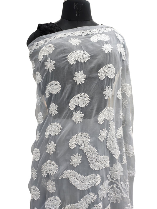 Shyamal Chikan Hand Embroidered Grey Georgette Lucknowi Chikankari Saree With Blouse Piece - S21924