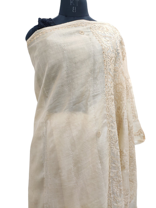 Shyamal Chikan Hand Embroidered Beige Tusser Silk Lucknowi Chikankari Saree With Blouse Piece- S22442
