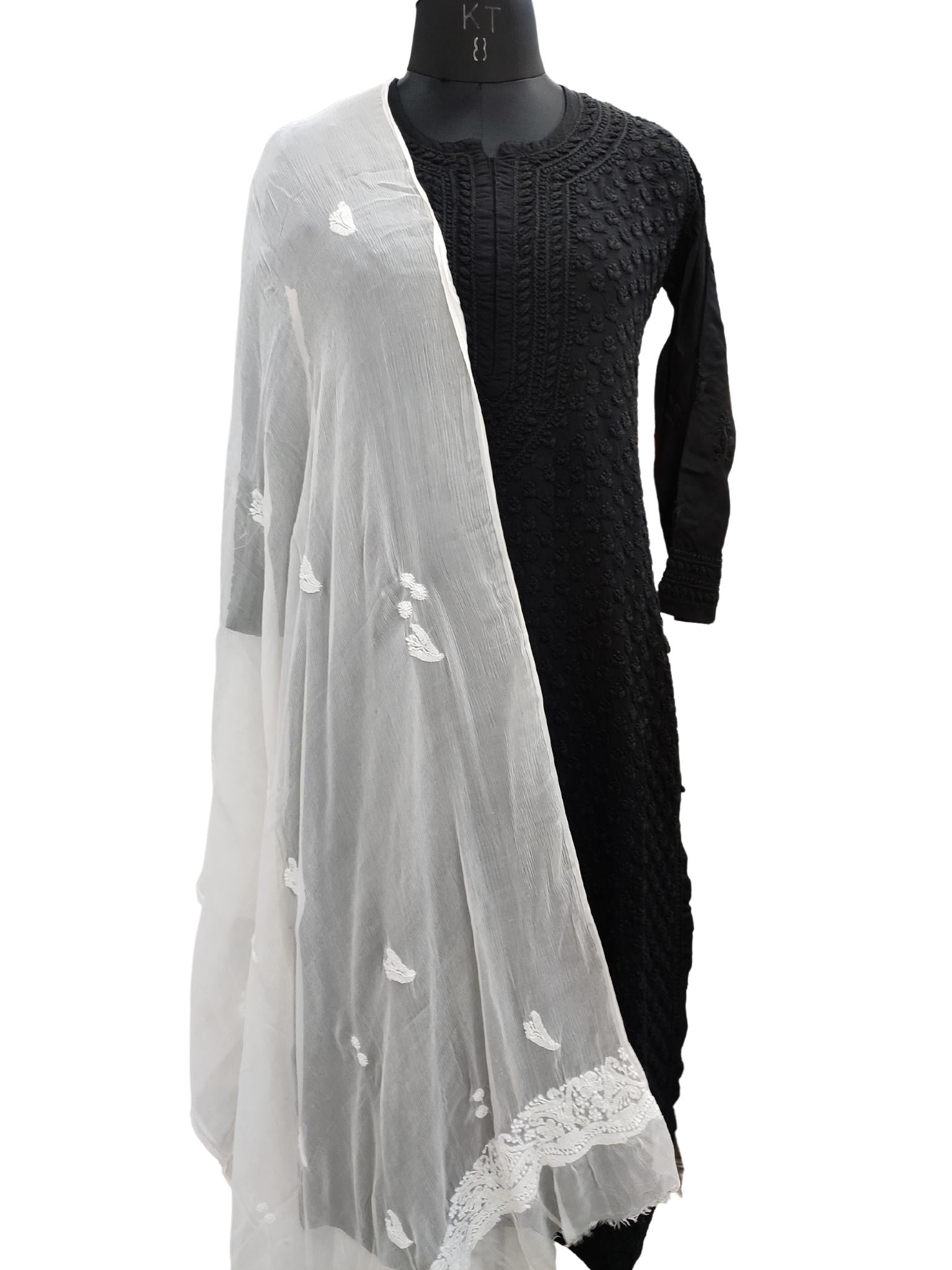 Shyamal Chikan Hand Embroidered White Pure Chiffon Lucknowi Chikankari Dupatta - S20106