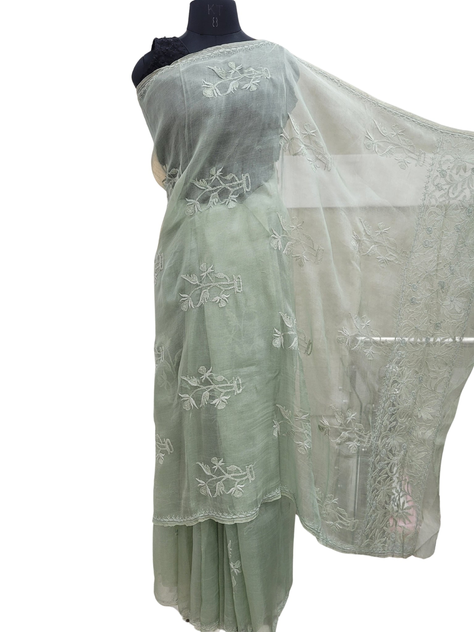 Shyamal Chikan Hand Embroidered Green Pure Organza Lucknowi Chikankari Saree With Blouse Piece - S22312