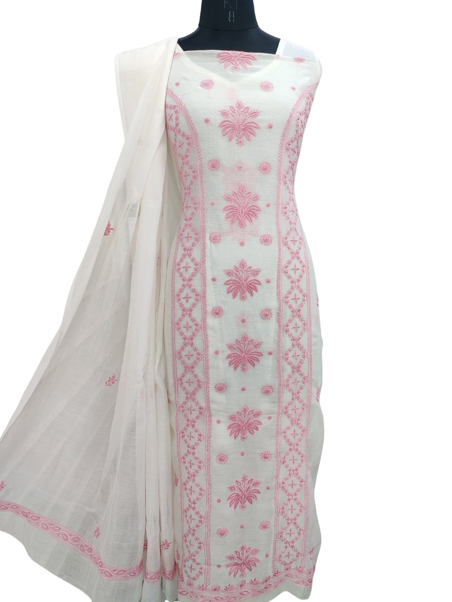 Shyamal Chikan Hand Embroidered White Mul Chanderi Lucknowi Chikankari Unstitched Suit Piece (Kurta Dupatta Set) - 23686