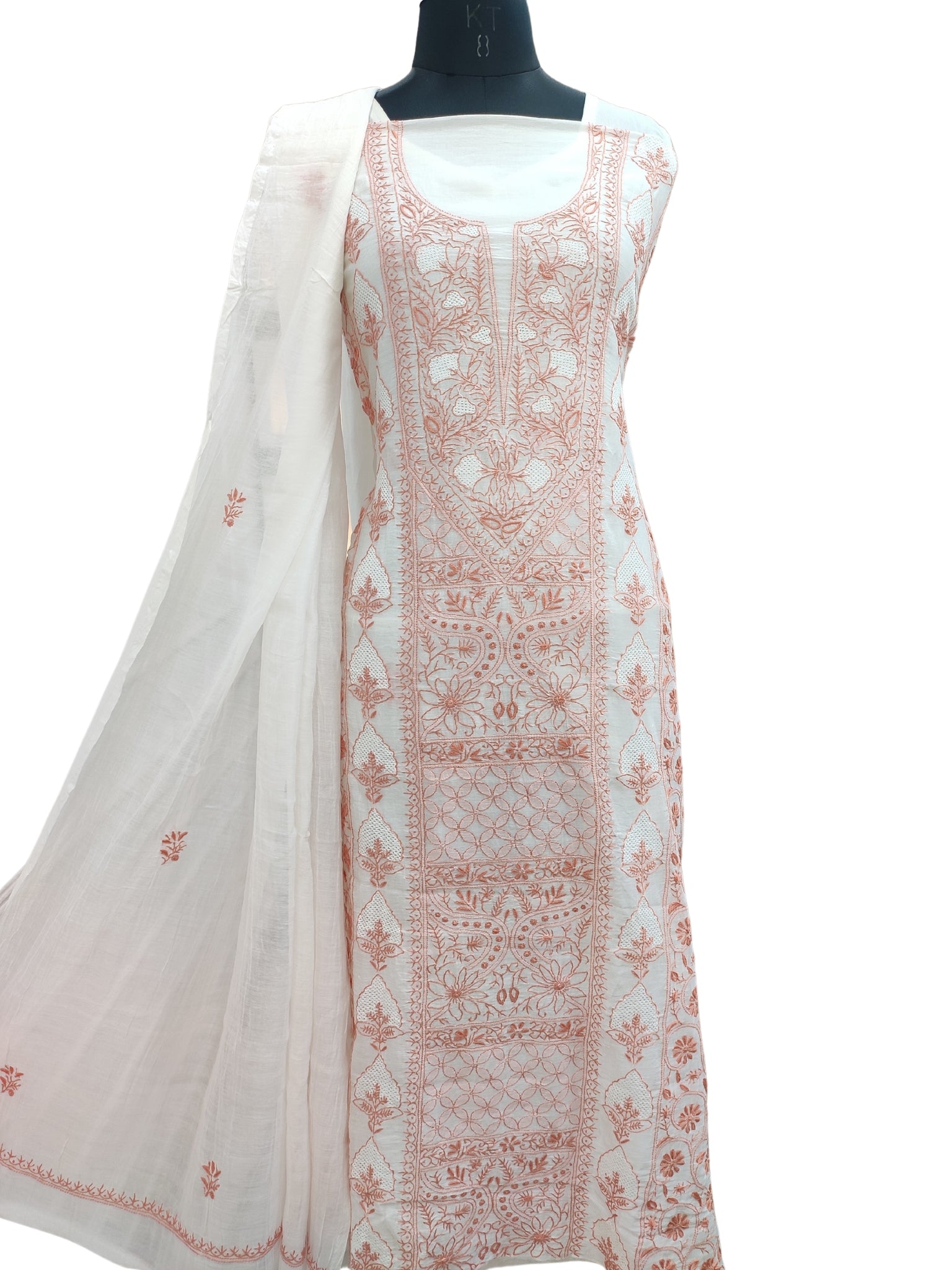 Shyamal Chikan Hand Embroidered White Mul Chanderi Lucknowi Chikankari Unstitched Suit Piece (Kurta Dupatta Set) - S24341