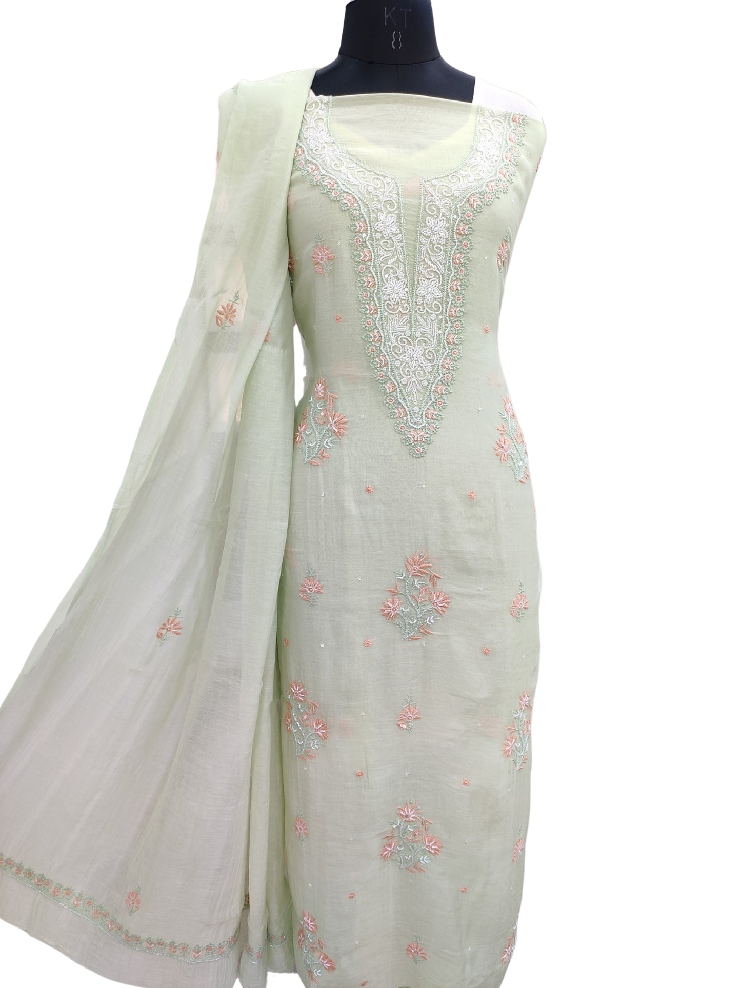 Shyamal Chikan Hand Embroidered Green Mul Chanderi Lucknowi Chikankari Unstitched Suit Piece with Cutdana & Sequin Work (Kurta Dupatta Set) - S24427