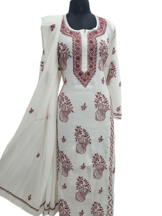 Shyamal Chikan Hand Embroidered White Mul Chanderi Lucknowi Chikankari semi stitched Suit Piece (Kurta Dupatta Set) - S25096