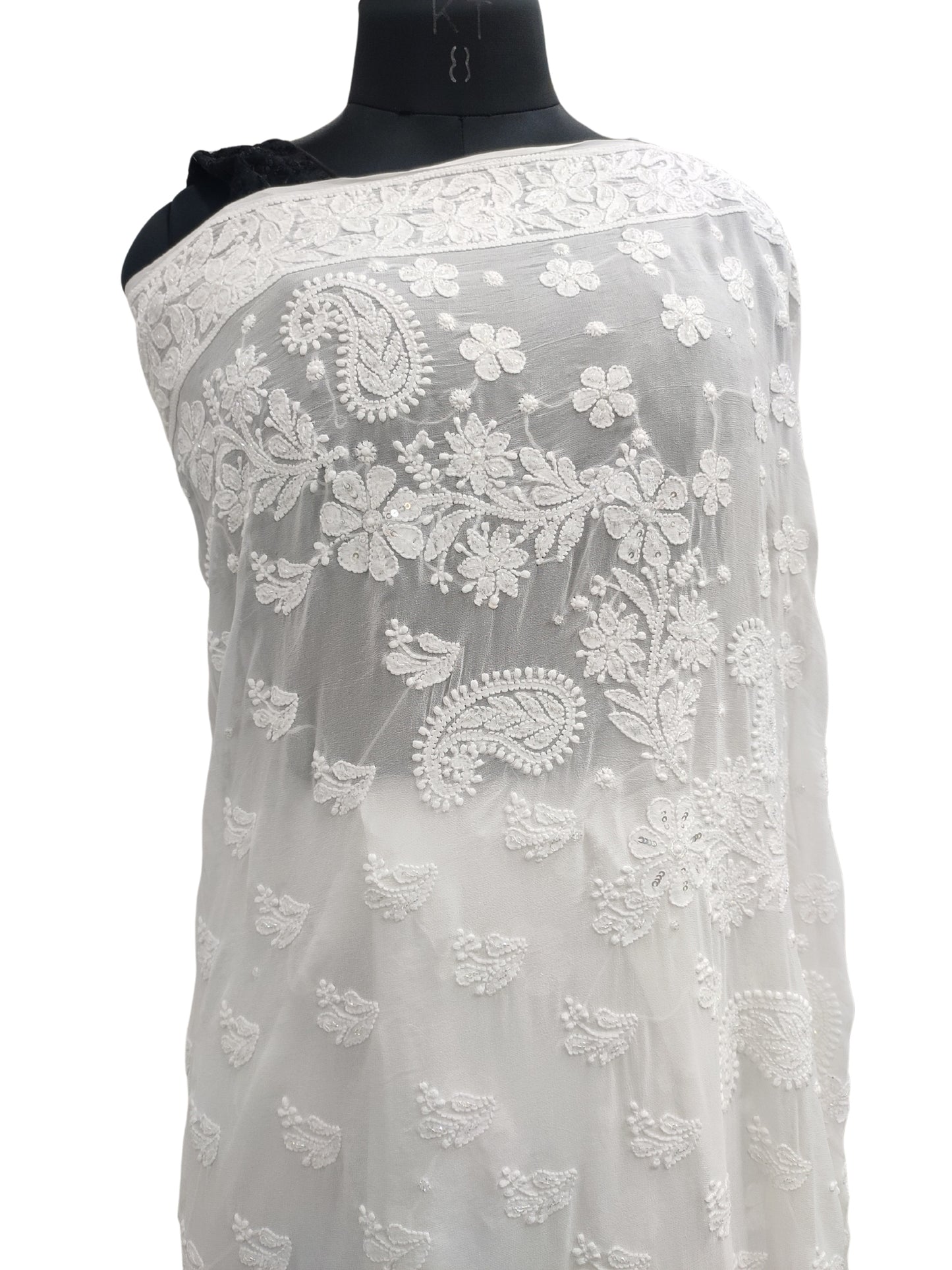 Shyamal Chikan Hand Embroidered White HQ Viscose Georgette Lucknowi Chikankari Saree With Blouse Piece With Pearl Cutdana and Sequin Work- S25217